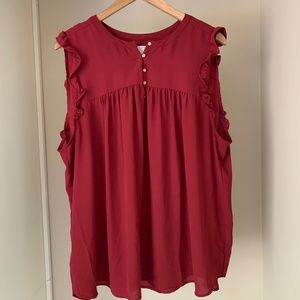 Short Sleeve Ruffle Hem Burgundy Blouse